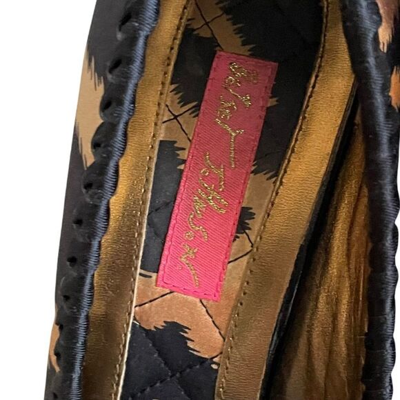 BETSY JOHNSON Leopard Print Satin Peep Toe High Heel Shoes Bow 8.5 - Picture 11 of 13